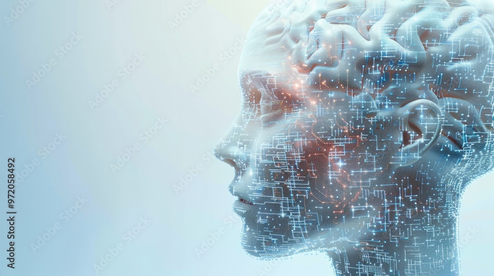 Poster a human head with microchips interwoven into the brain, futuristic design, illustrating the merging 
