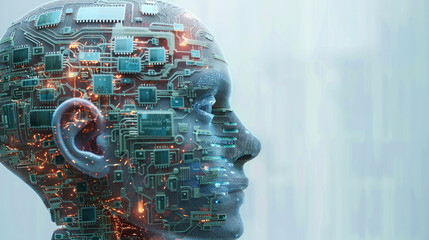 A human head with microchips interwoven into the brain, futuristic design, illustrating the merging of human intelligence and technology. Generative AI.