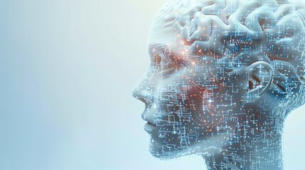 A human head with microchips interwoven into the brain, futuristic design, illustrating the merging of human intelligence and technology. Generative AI.