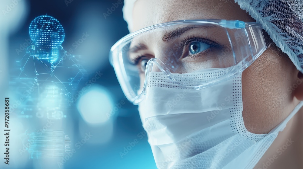 Poster scientist analyzing data from a biosafety experiment, with safety protocols in place
