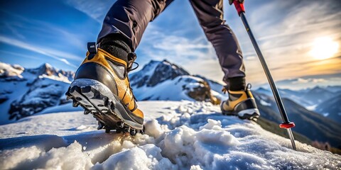 close up of a person s feet wearing crampons step