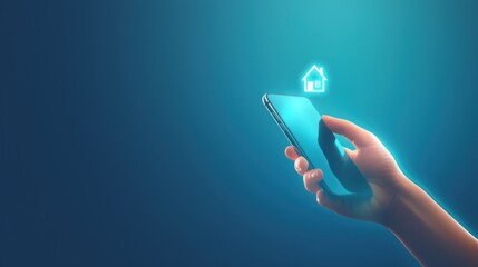 Hand holding smartphone with house icon on blue background, real estate app concept. Home technology and home security technology for digital property management services