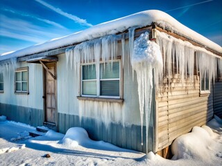 Frozen pipes bursting from the walls of a worn, faded mobile home, snow-covered roof and landscape, winter's icy grip on worn-out infrastructure