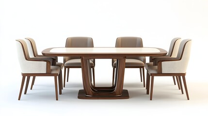 141. A lifelike 3D render of a contemporary dining table with elegant chairs, isolated on a pristine white background