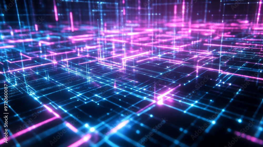 Poster abstract futuristic grid glowing with neon pink and electric blue lights, creating complex geometric