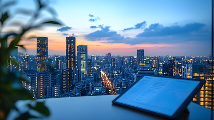 A cityscape view from a luxury apartment, with a financial plan on a tablet discussing home loan refinance, crisp and clean urban atmosphere, focused on serenity