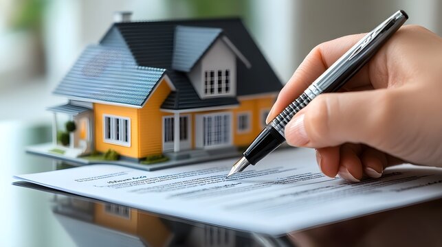 A close-up of a hand signing a mortgage refinance agreement, with a focus on the pen, contract details, and a cozy house model on the side