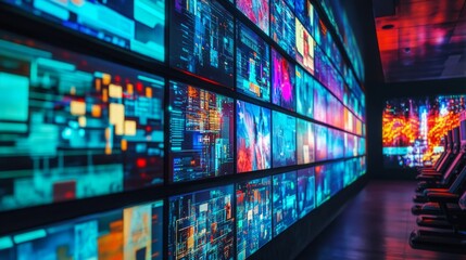 Wall of screens displaying colorful abstract digital patterns in a futuristic setting.