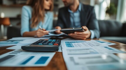 A couple analyzing refinancing strategies, calculator and papers scattered, a financial planner in a suit explaining details, living room with a minimalist design