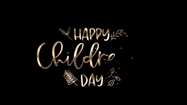 Animated golden lettering Happy Childrens Day with leaves alpha channel background