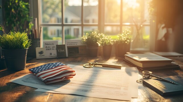 A desk with a folded American flag, a brass key, and a VA loan agreement, illustrating home refinancing. Sunlight casting soft shadows