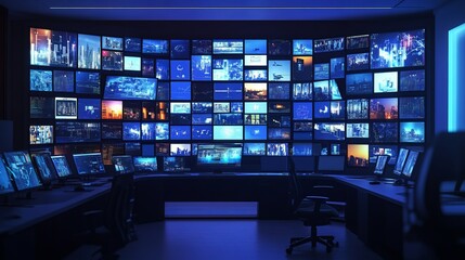A control room with multiple computer monitors displaying various data and information.