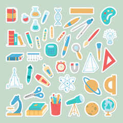 School Supplies Stickers. Education and Teachers Day Theme. Sticky Telescope, Microscope, Globe, Books, Crayons, Pen, Marker, Felt Tip Pen, Newton's balls, Drawing Compass.