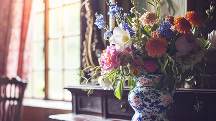 Spring flowers in vintage vase, beautiful floral arrangement, home decor, wedding and florist design