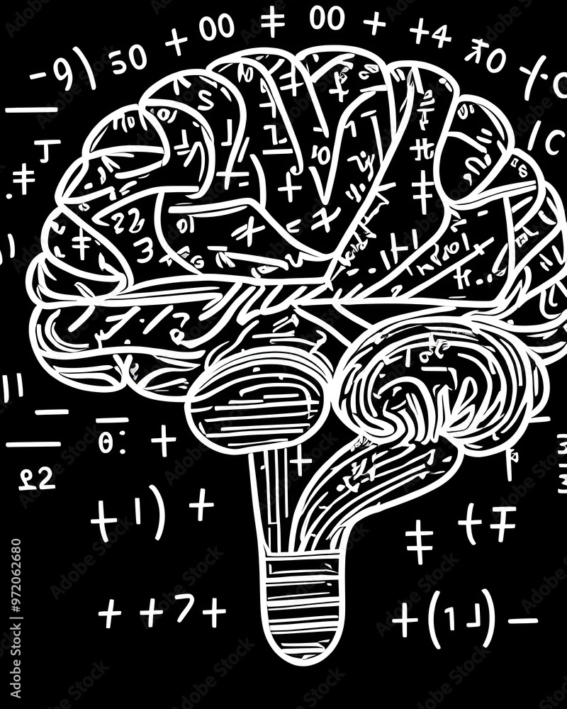 Poster brain and mathematical formulas on a black background. vector illustration for your design