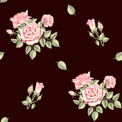 Roses flowers and buds pink with green leaves. Seamless pattern on dark background. Hand drawn watercolor illustration. Garden plant. Natural floral template for cover, wrapping, scrapbooking, textile