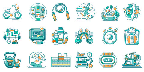 Fitness and healthy lifestyle icons sheet, 18 icons on a transparent background