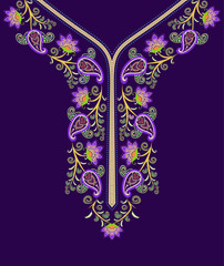 Embroidery v-neck design with floral paisley patterns and vine scroll motifs on a purple background. Symmetrical digital surface pattern design. Suitable for Indian kurta, kaftan, and tunic.