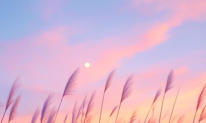 Obraz premium Pink sunset a moon in the distance, so many pink reeds swaying in the wind, Generative AI 