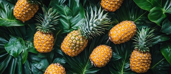 Fototapeta premium Tropical Delight: Pineapples and Lush Greenery. Top View And Flat Lay. 3D Illustration. Generate Ai Image