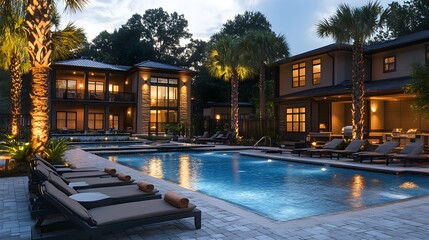 High-end poolside cookout, featuring a sleek grill with gourmet steaks, surrounded by palm trees and chic lounge chairs, perfect evening setting