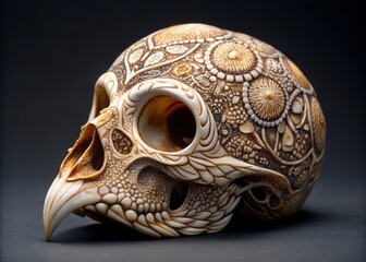 Fototapeta premium Beautifully crafted chick skull adorned with delicate ornamental patterns, intricate designs and fine details, showcasing meticulous craftsmanship and attention to realism.