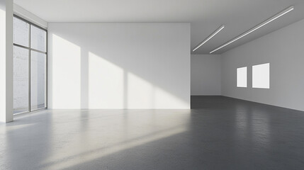 modern art gallery with sleek, bright interior, showcasing a large blank white wall as its centerpiece. The minimalist design highlights the potential for creative exhibitions or artwork presentations