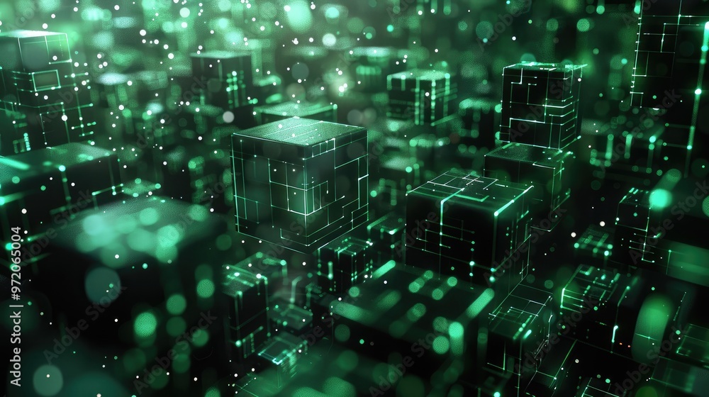 Poster 3D render of dark green glowing blocks with data flowing between them. The background is black, and the cubes have various sizes, shapes, textures, and materials. Generative AI.