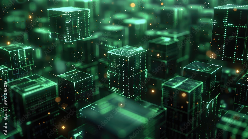 Poster 3d render of dark green glowing blocks with data flowing between them. the background is black, and 