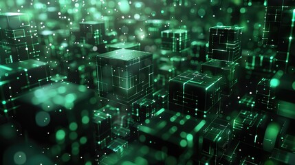 3D render of dark green glowing blocks with data flowing between them. The background is black, and the cubes have various sizes, shapes, textures, and materials. Generative AI.