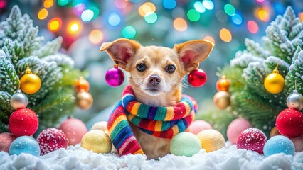 Chihuahua in a rainbow scarf sitting in snow with colorful Christmas lights and festive ornaments