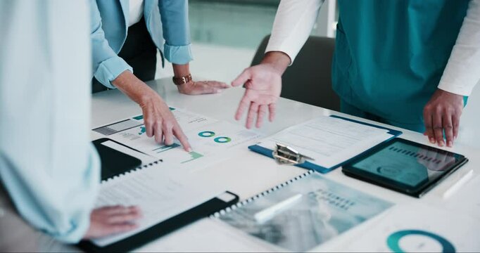 Tablet, hands and hospital director meeting with research for medical finance or funding. Office, documents and clinic administrator for healthcare, graphs and internet for health insurance info