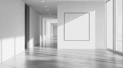 modern art gallery with sleek, bright interior, showcasing a large blank white wall as its centerpiece. The minimalist design highlights the potential for creative exhibitions or artwork presentations