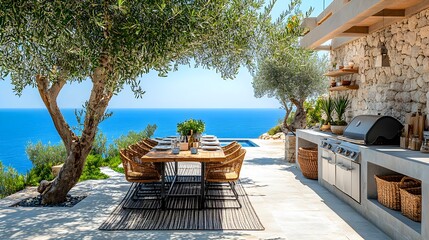 Mediterranean outdoor kitchen with a smoking stone grill, lush olive trees, and bright blue ocean view in the background, perfect al fresco dining setup