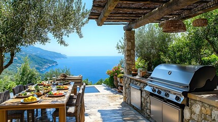 Mediterranean outdoor kitchen with a smoking stone grill, lush olive trees, and bright blue ocean view in the background, perfect al fresco dining setup