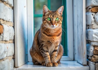 A stunning Aegean cat with piercing green eyes surveys the ocean view from a comfortable perch on the windowsill, its fur glistening in the sunlight.