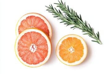 Freshly sliced citrus fruits showcasing vibrant colors, paired with aromatic rosemary herb for a refreshing culinary experience., on white background