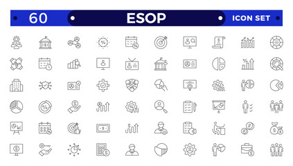 Employee stock ownership plan Outline icon collection. ESOP, benefits, company, shares, benefits, management, win-win, scheme, and ownership icon set. UI outline icon pack.