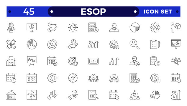 Employee stock ownership plan Outline icon collection. ESOP, benefits, company, shares, benefits, management, win-win, scheme, and ownership icon set. UI outline icon pack.