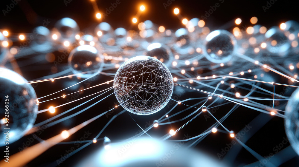Poster a 3d network of glowing spheres connected by luminous lines creates mesmerizing visual effect, showc
