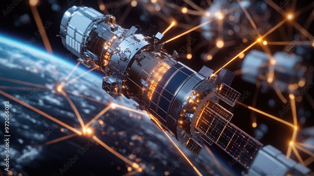Poster a 3d rendering of network of satellites orbiting earth, showcasing intricate details and glowing con