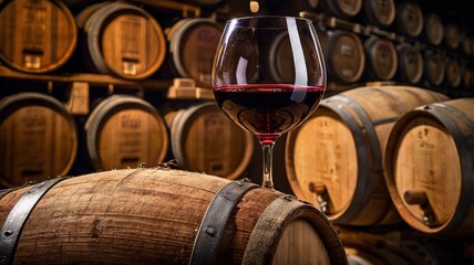 A glass of red wine is sitting on top of a barrel