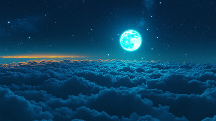 serene night sky with a bright full moon glowing above thick clouds, casting a peaceful light over the landscape. The calm atmosphere evokes feelings of tranquility, mystery, and celestial wonder