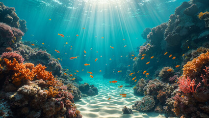 Naklejka premium A vibrant coral reef in the Red Sea, with a variety of colorful fish swimming around it. The water is crystal clear, allowing us to see the intricate details of the corals and the vibrant color