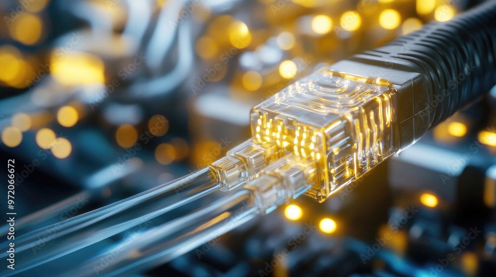 Poster a close up of network cable plugged into router, showcasing intricate details and glowing lights of 