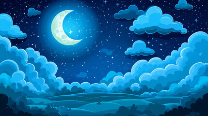 serene night sky with a bright full moon glowing above thick clouds, casting a peaceful light over the landscape. The calm atmosphere evokes feelings of tranquility, mystery, and celestial wonder
