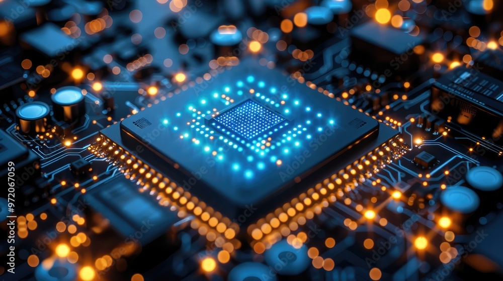 Fototapete an abstract blue tone representation of ai as a glowing microchip, surrounded by floating binary str
