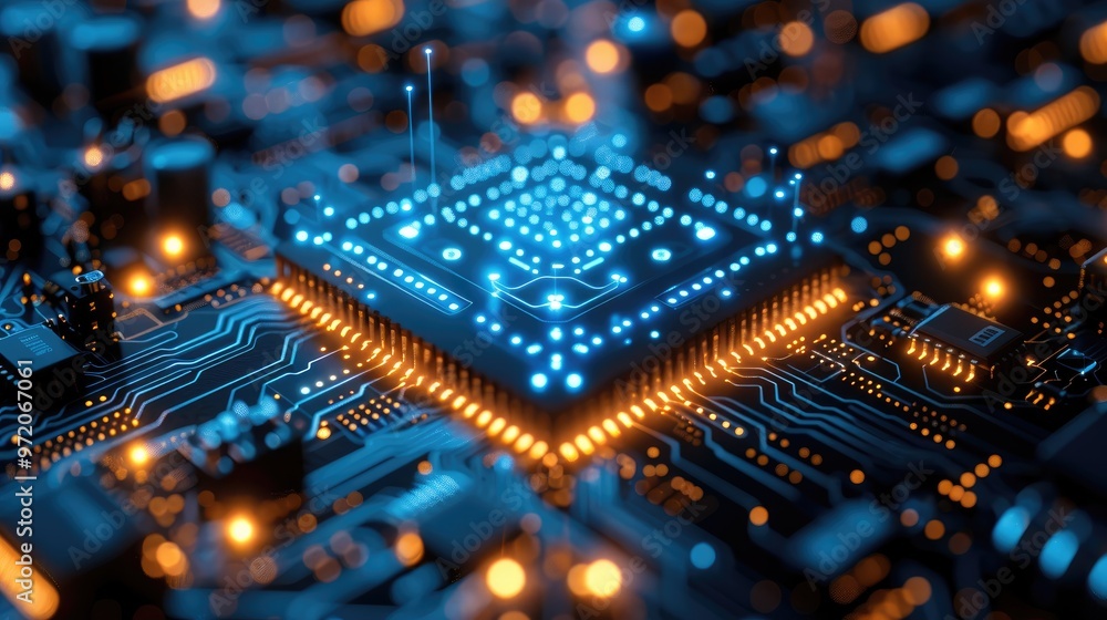 Fototapete an abstract blue tone representation of ai as a glowing microchip, surrounded by floating binary str