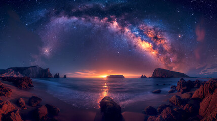 Panorama view universe space shot of Milky Way galaxy with stars at night landscape sea or ocean...