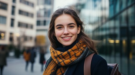 Fototapeta premium Close Up City Portrait of a Young Woman with Warm Smile Emphasizing Confidence Emotional Balance and Modern Urban Life Experience